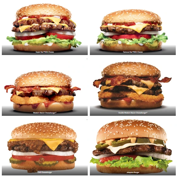 A photo of the Carl's Jr. menu board, featuring various options of chargrilled beef burgers available for purchase. 