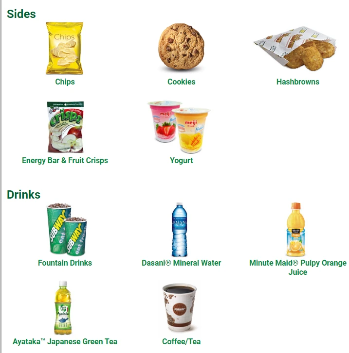 A photo of the Subway sides and drinks menu, featuring various options of sides and drinks available for purchase. The menu includes chips, cookies, soft drinks, bottled water, and coffee, among other options. 