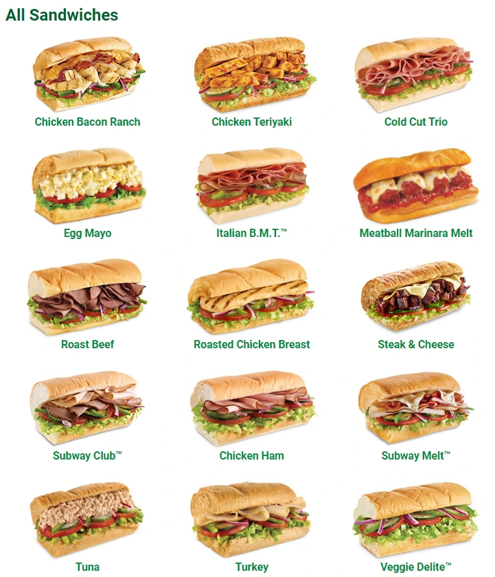 A photo of the Subway sandwiches menu with prices displayed, featuring various options of sandwiches available for purchase. The menu includes choices such as the Italian B.M.T, the Turkey Breast sandwich, and the Subway Club sandwich, among other options.