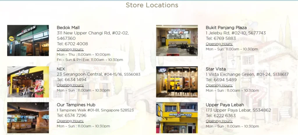 Store Location of NeNe Chicken Singapore