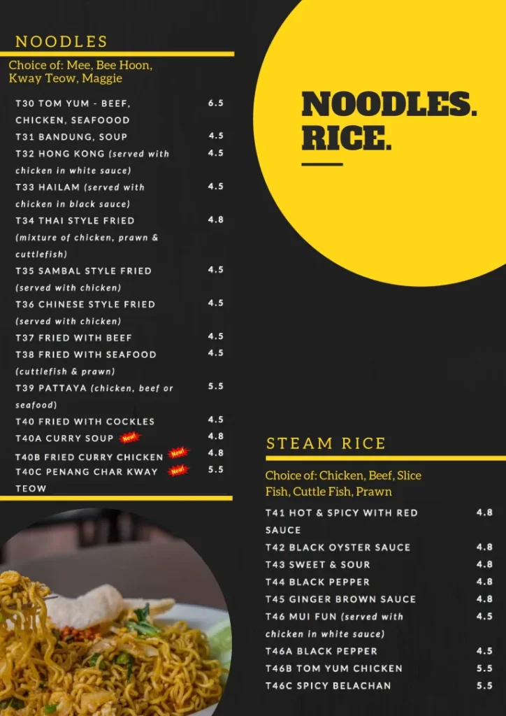 A menu of noodles rice of AL Amaan Restaurant