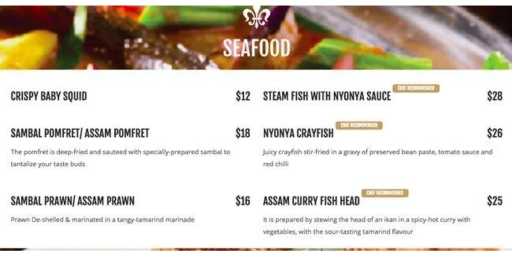Fresh and delectable seafood dishes from the Babalicious Singapore Menu.