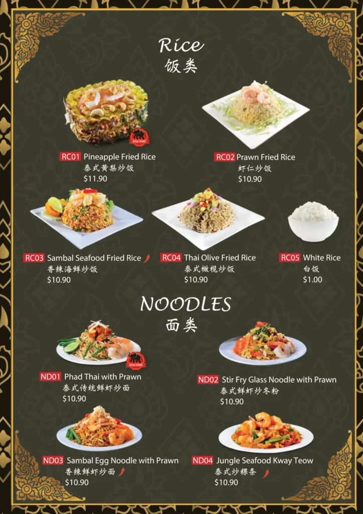 A delectable assortment of rice dishes representing the diverse flavours of Central Thai cuisine in Singapore.