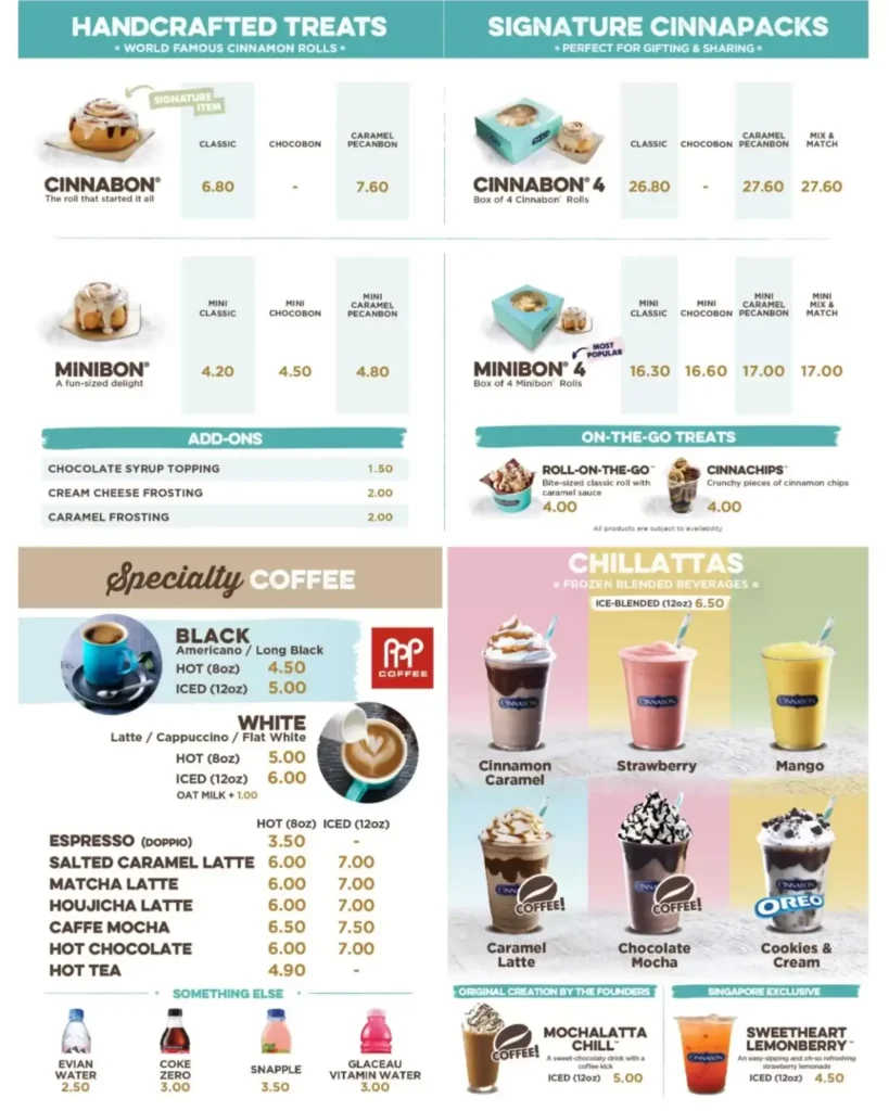 Indulge in the artfully handcrafted Cinnabon treats menu, now with prices.