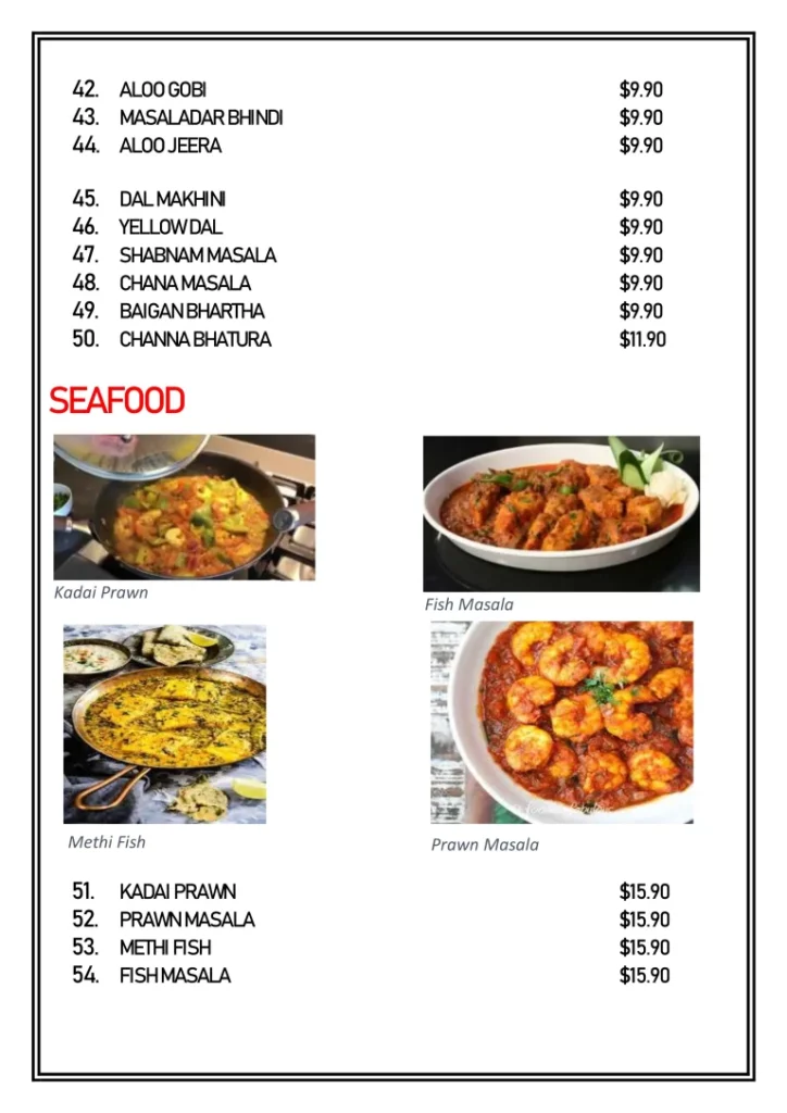 A menu of Seafood 