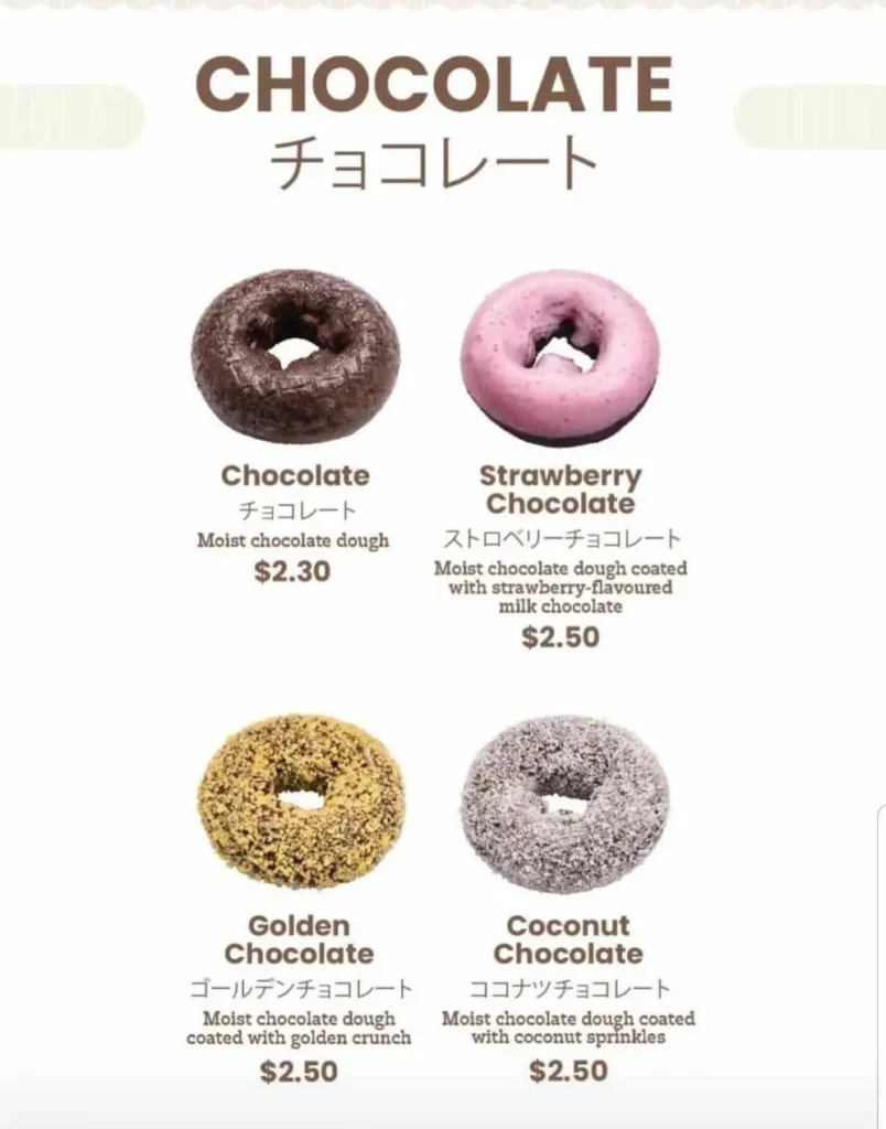 An enticing image of Mister Donut Chocolate Menu Prices, featuring a delightful selection of chocolate-flavored donuts, each with its own tempting price, inviting donut enthusiasts to savor the rich and indulgent taste of these delectable treats.