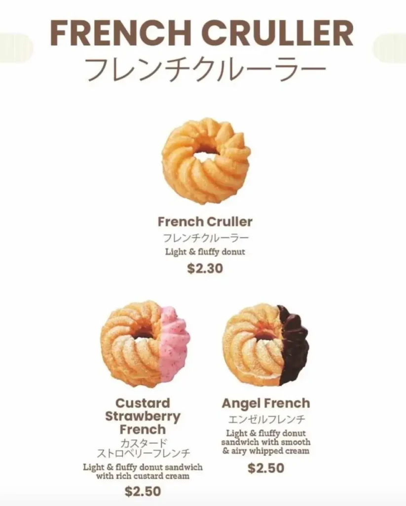 A delicious image of Mister Donut French Cruller Menu Prices, showcasing a delectable assortment of French Cruller donuts, each with its own delightful price, tempting donut lovers to indulge in the light and airy goodness of these delectable treats.