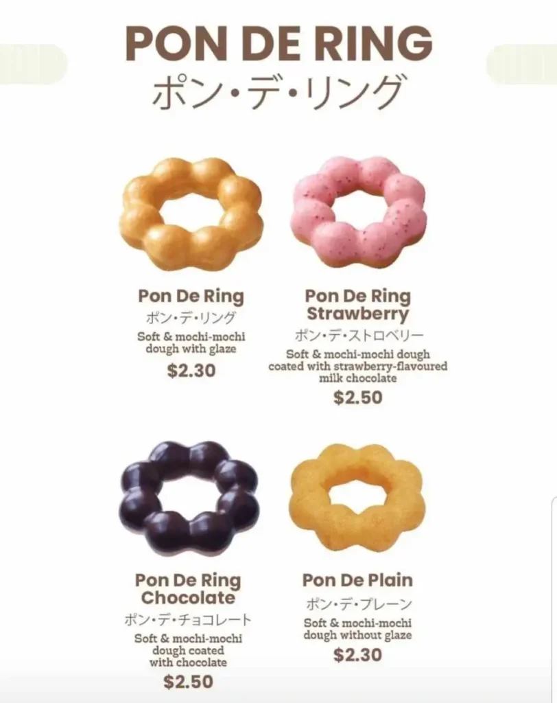 An inviting image of Mister Donut Pon de Ring Menu Prices, showcasing a delightful selection of delicious and chewy Pon de Ring donuts, each with its own tempting price, beckoning donut lovers to savor these sweet treats.