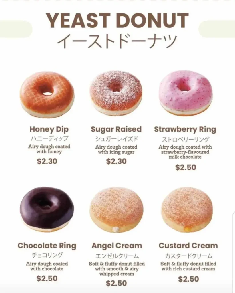 An appetizing image of Mister Donut Yeast Donut Menu Prices, featuring a delectable assortment of freshly baked yeast donuts, each with its own unique flavors and prices, inviting donut enthusiasts to indulge in a delightful treat.