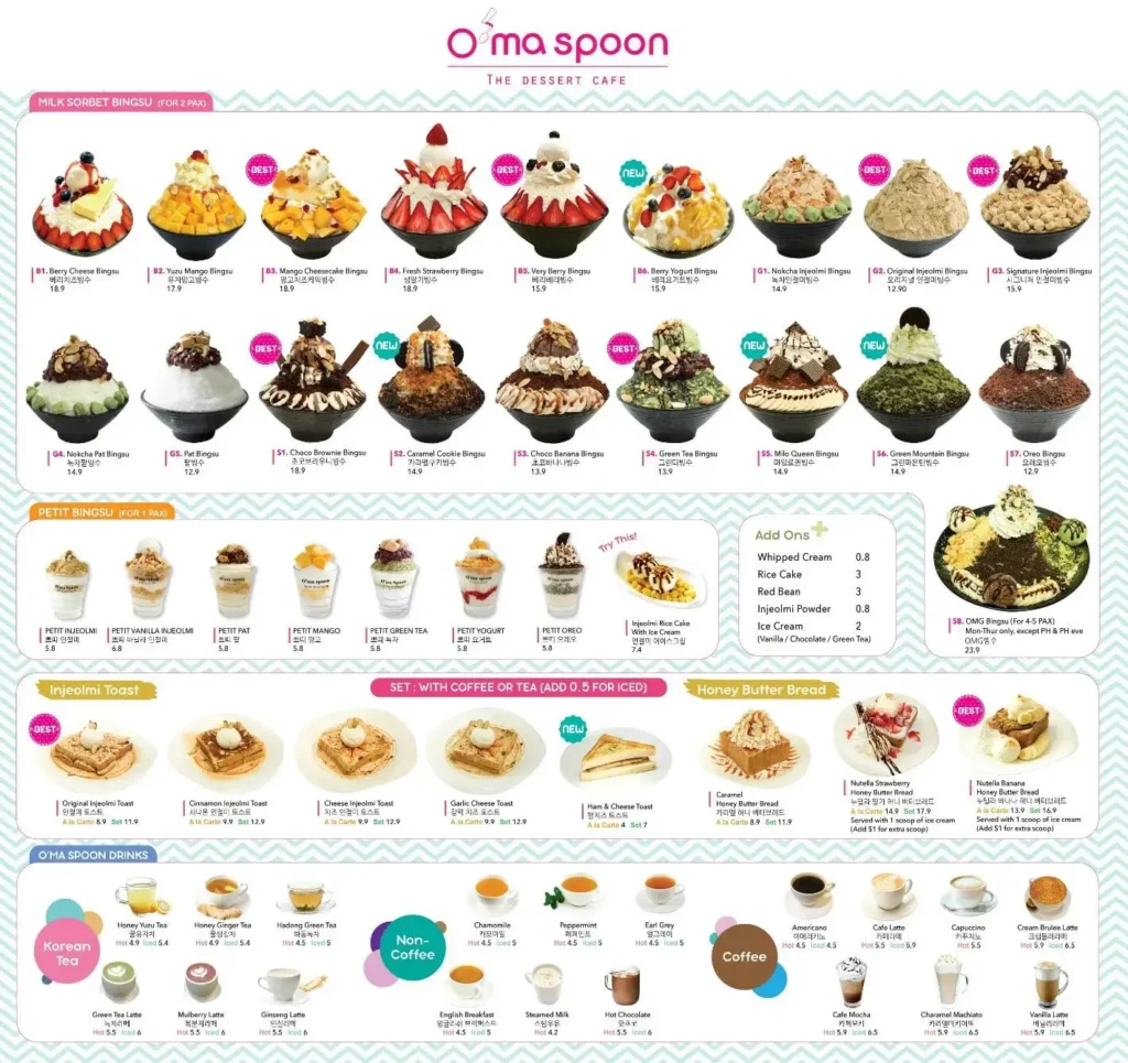 Savor the taste of Korean tea with the delightful O’Ma Spoon menu, now with prices.