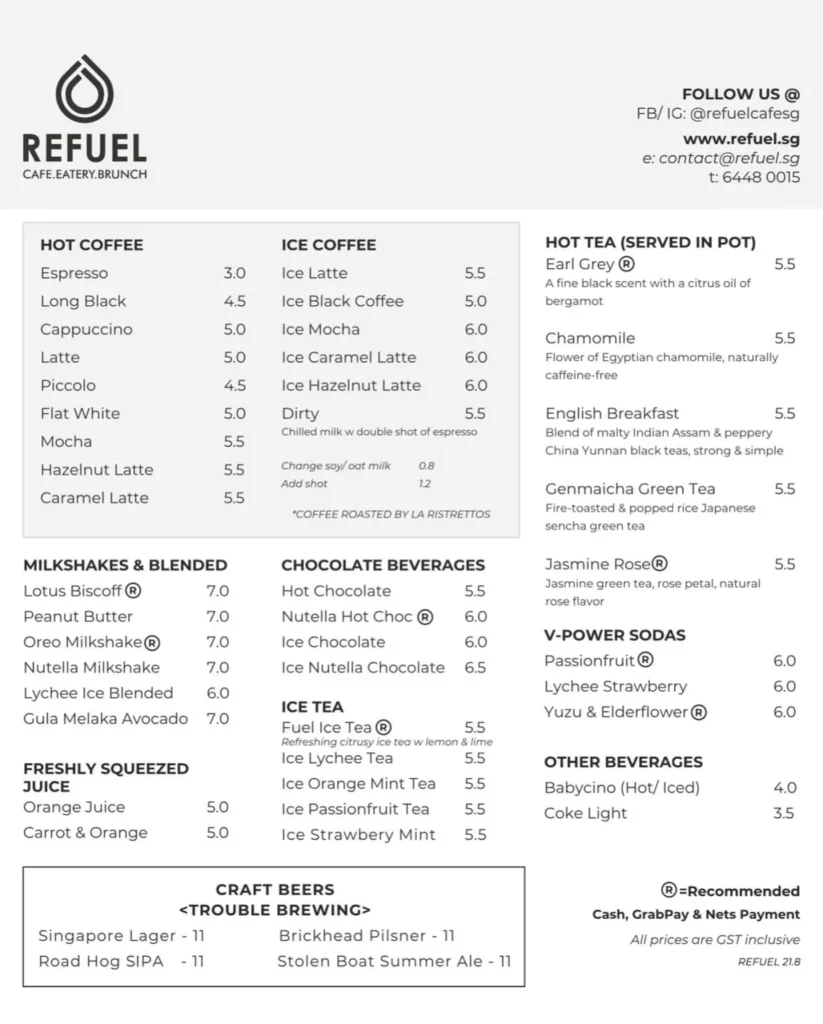 A complete menu of refuel hot coffee, ice cream, and other bevergaes