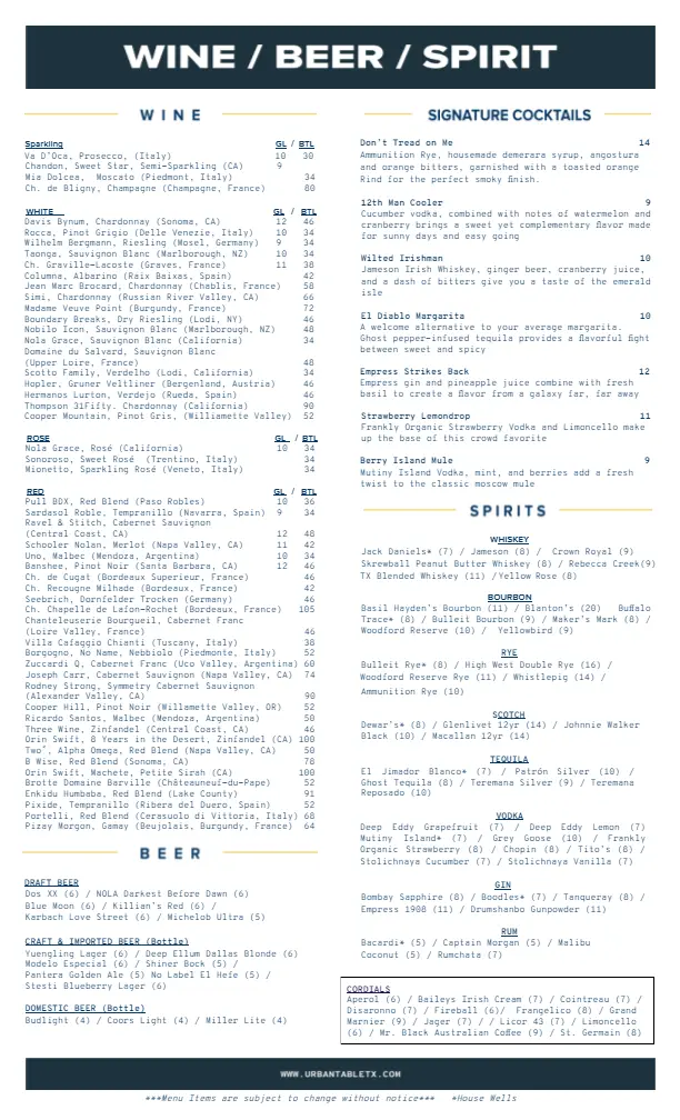 Urban Table Beverages Menu and Prices