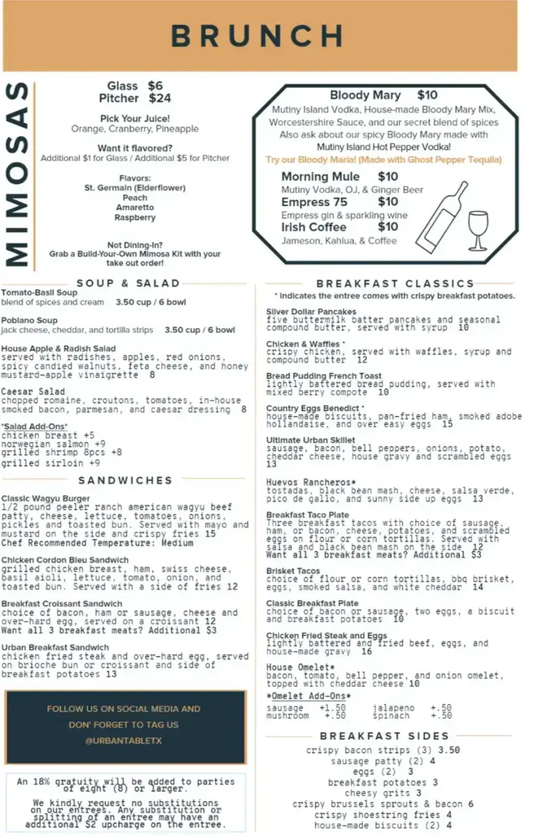 urban Table Bruch Menu With Prices