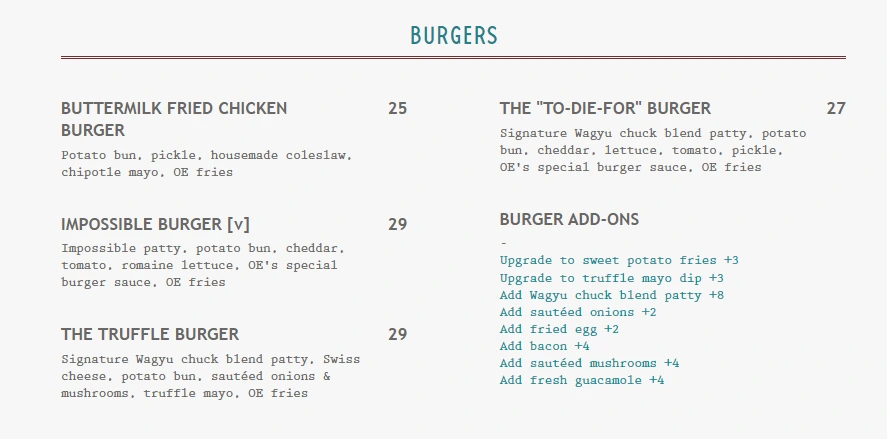 Overeasy Burgers Menu With Prices