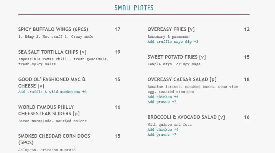 Overeasy Small Plates Menu With Prices