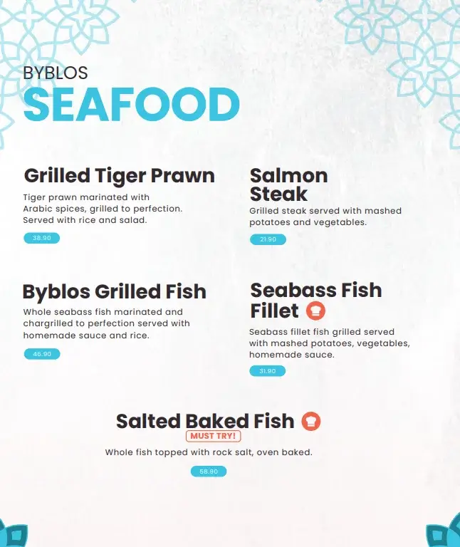 Byblos Grill Lebanese Seafood Menu prices