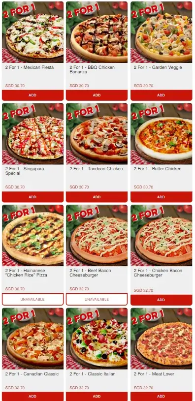 Canadian Pizza Singapore Menu 2 for one