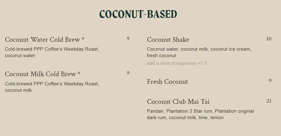 The Coconut Club Singapore Menu Coconut Based