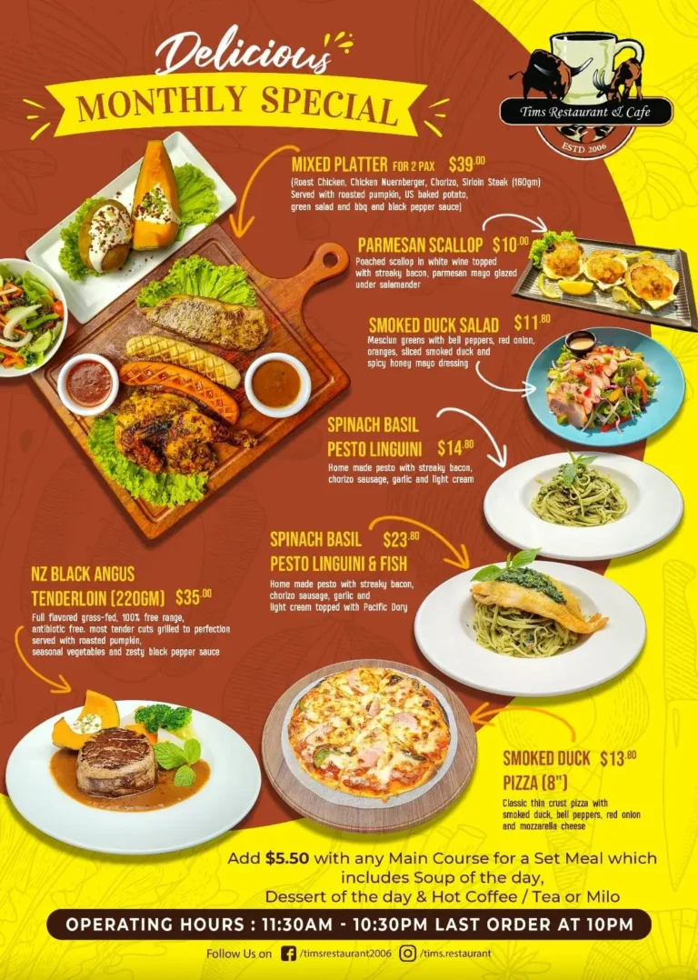 Tim’s Restaurant Singapore Menu & updated Prices 2024